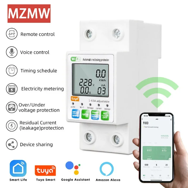 WIFI Automatic Transfer Switch 63A Smartlife TUYA Circuit Breaker Energy Meter Timer with Voltage Current and Leakage Protection