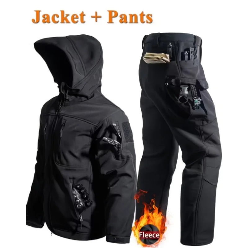 

Men's Velvet Suit Tactical Shark Skin Workwear Jacket+long Pants Two-piece Set Outdoor Sports Durable Work Clothes Men Clothes