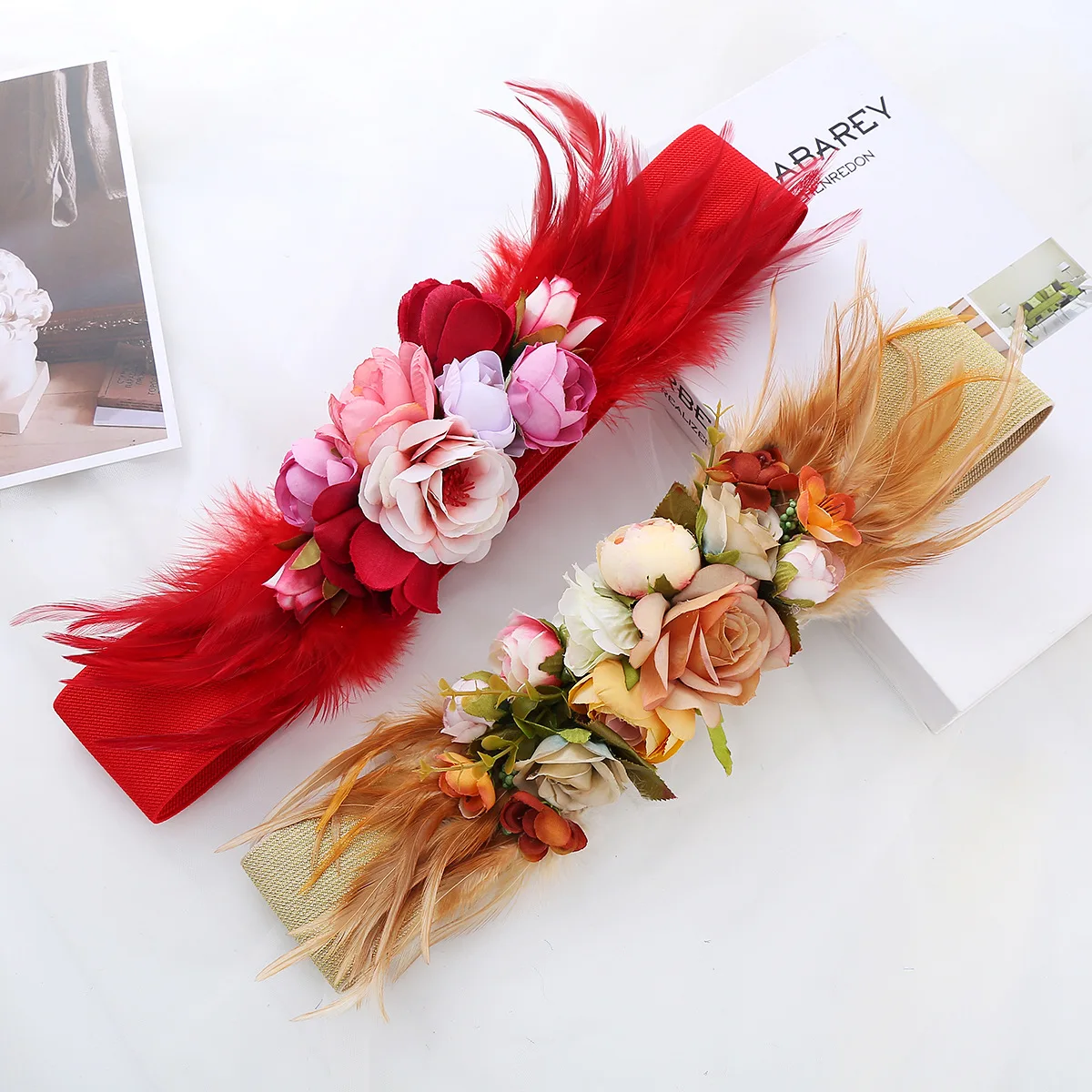 Handmade Fabric Flower Elastic Waistbands for Women Red Khaki Wide Stretchy Corset Feather Flower Waist Belts Ceinture Femme