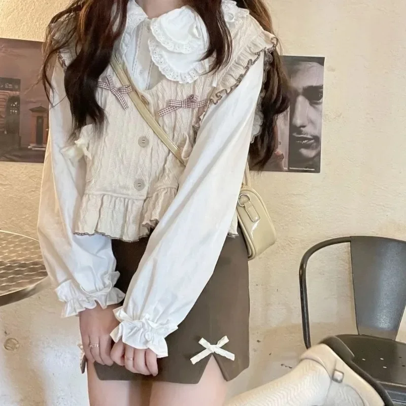 

Рубашки в японском стиле, женские рубашки Kawaii Harajuku Ins, бандажный дизайн, милые универсальные повседневные рубашки с воротником Питера Пэна, Mujer, весенний шик 2025