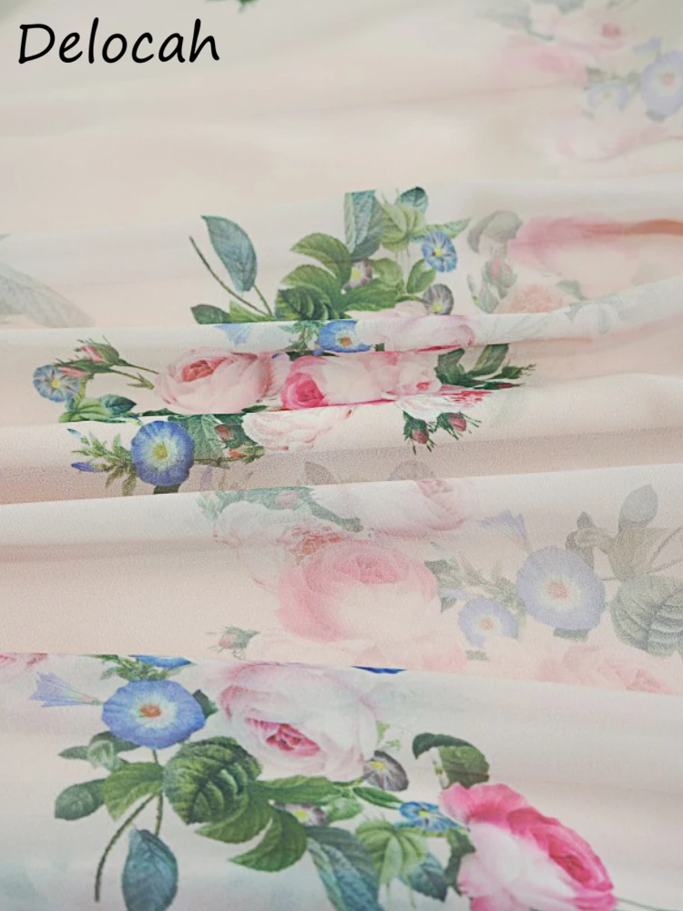 Delocah High Quality Spring Women Fashion Runway Big Swing A-Line Dress Flare Sleeve High Waist Holiday Flower Printed Dresses