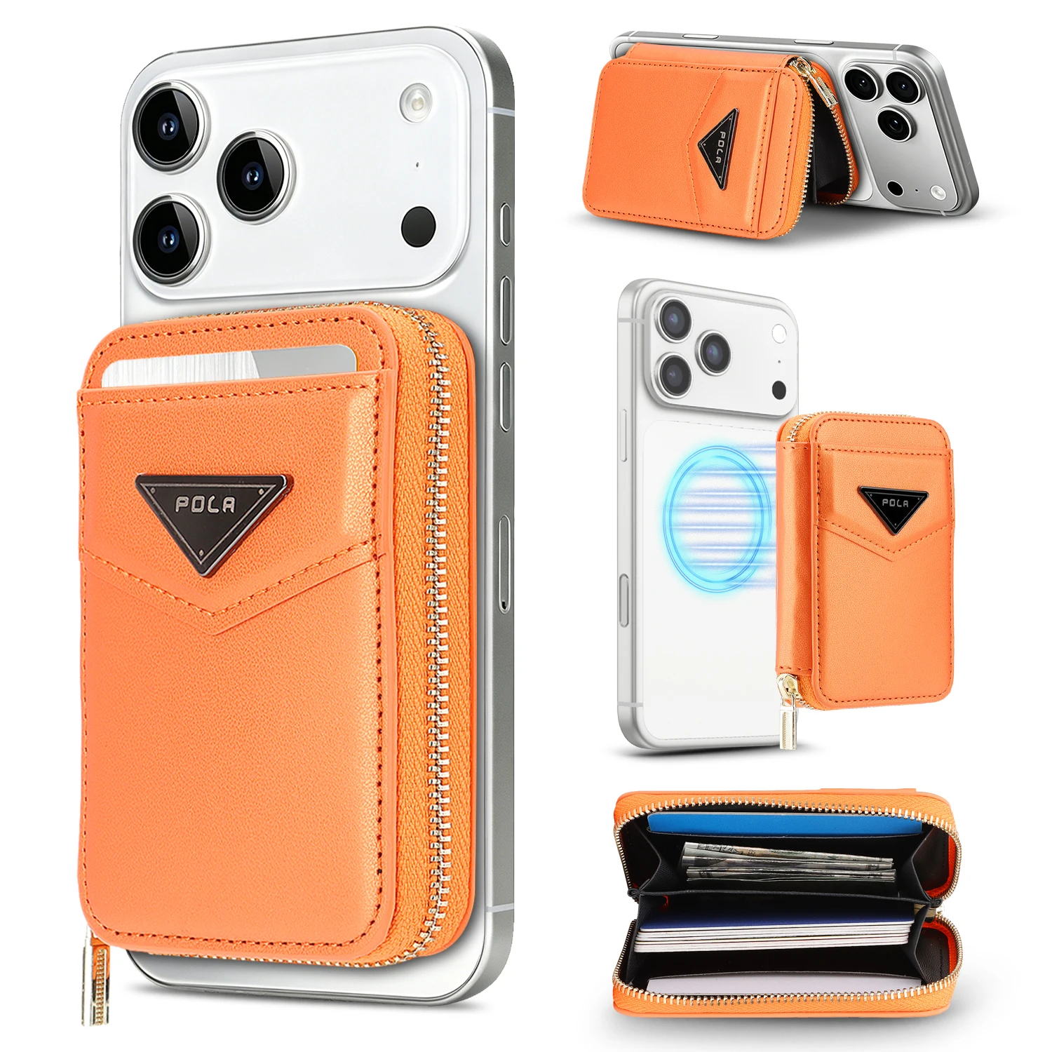 Fashion Strong Magnetic Zipper Multi Cards Solt Wallet Leather Universal Bag For iPhone 17 Pro max 16 15 14 13 12 11 RFID Stand