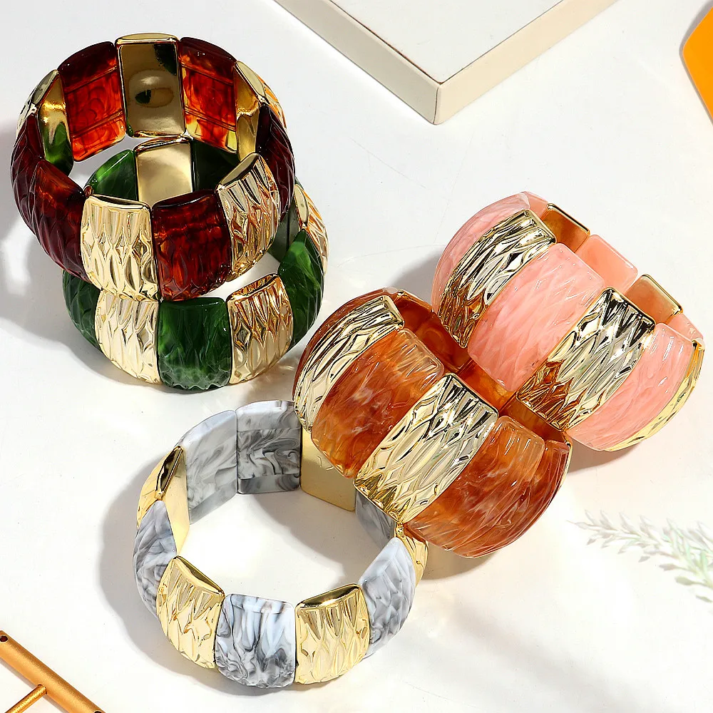 

Trendy Texture Geometric Wide Bracelets for Women Men Personalized Handmade Acrylic Irregular Elastic Bangle Retro Jewelry Gift