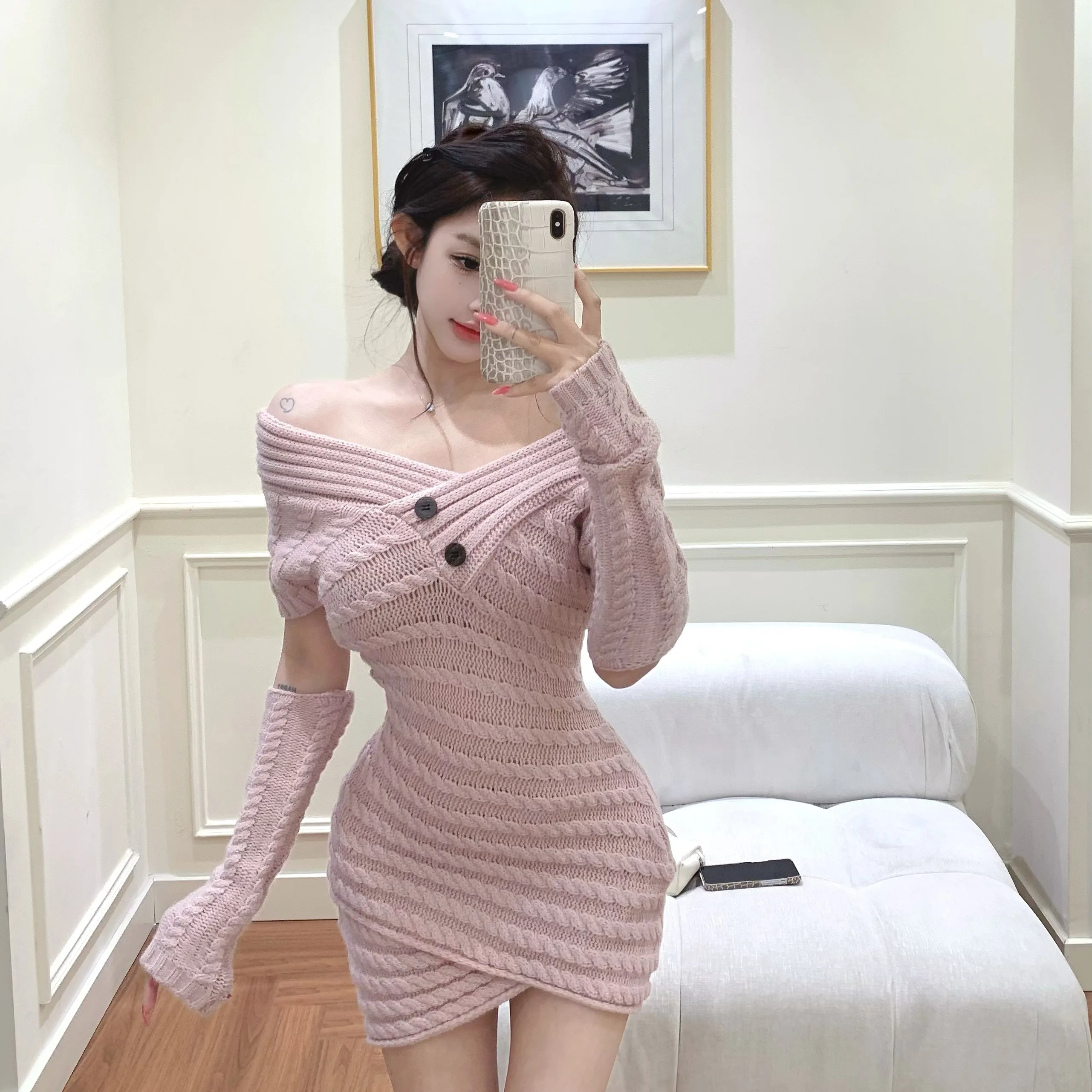 

Pure Desire Style Knitted Sweater Dress Women's V-Neck Short Bodycon Skirt Korean Fashion Slim Fit Long Sleeve Autumn Winter