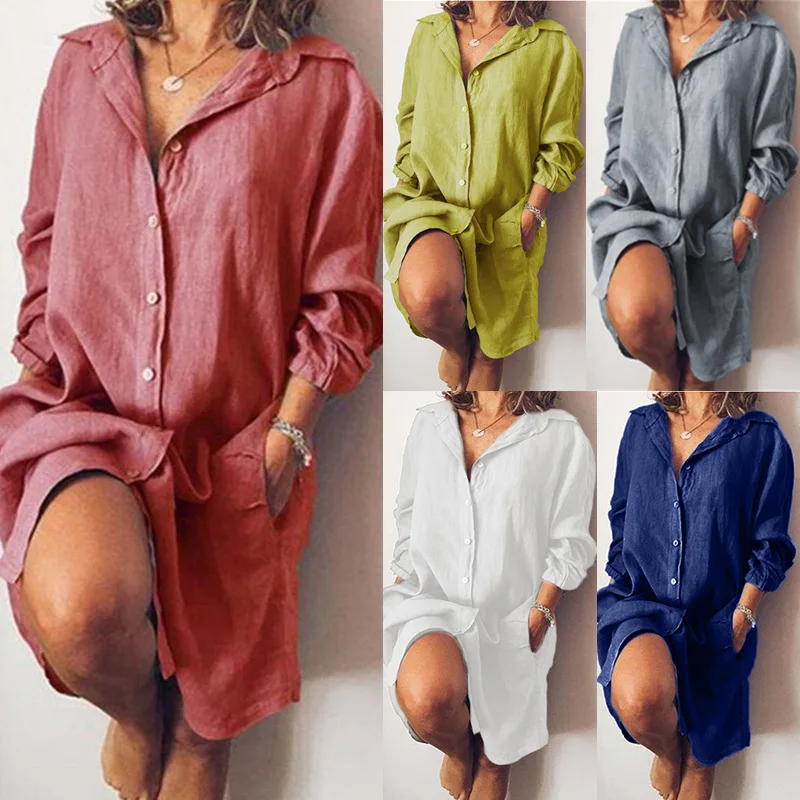 

Women's Midi Dress Loose Double Pocket Long Sleeve Solid Women's Long Button Shirt Dresses Knee Length Shirts Tops Womens Blouse