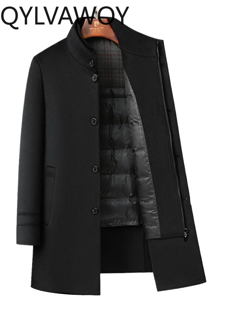 

QYLVAWOY Мужское пальто с воротником-стойкой средней длины, зимнее утепленное пуховое пальто со съемной подкладкой, шерстяная верхняя одежда для папы LJ2596