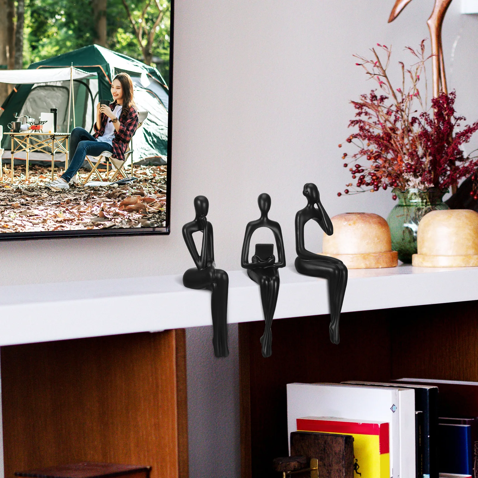 

3Pcs Abstract Resin Sculpture Set Modern Thinker Home Decor Shelf Stand Elegant Room Bookcase Accessory