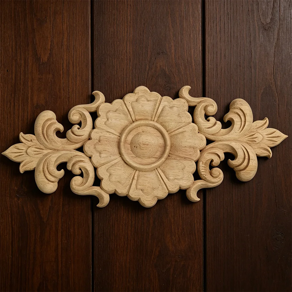 

2PCS 30-37cm European Style Floral Wood Carved Applique Wooden Decal Architectural Furniture Cabinet Door Frame Wall Home Decor