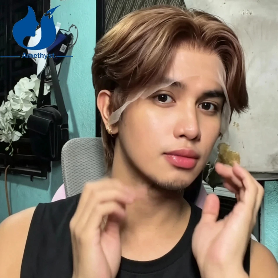 Amethyst Layered Pre Styled Short Pixie Cut Brazilian Remy Human Hair Wig for Men 13x6 Lace Front Wig Pre Plucked with Sideburns