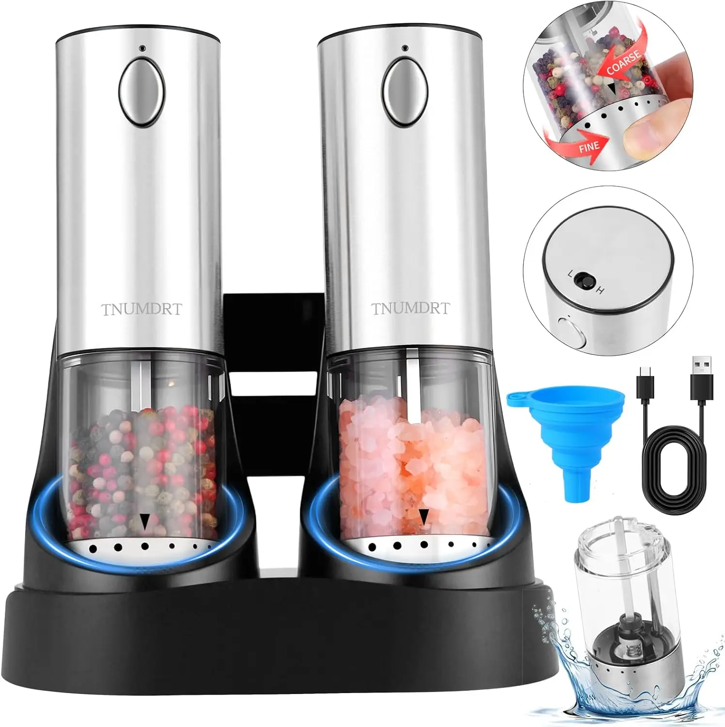 

Electric Stainless Steel Salt & Pepper Grinder Set, Large Capacity, Rechargeable with LED Light, Adjustable Speed & Coarseness
