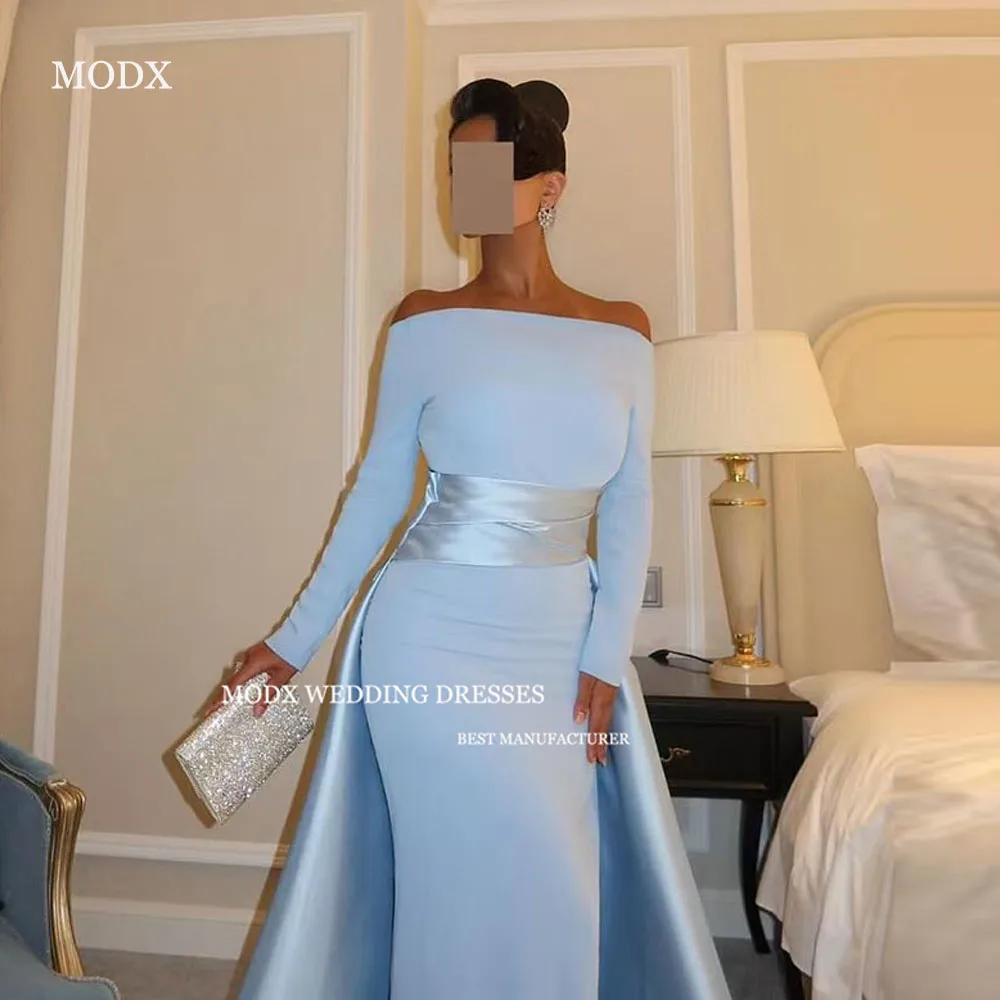 MODX elegante fuera del hombro sirena vestidos de noche con tren desmontable azul Dubai árabe mujeres vestido de fiesta Formal personalizado