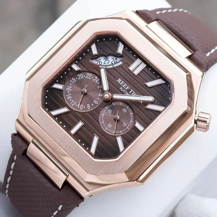 Reef Tiger Men Automatic Watch 44mm Square Mechanical Wristwatch Sapphire Luminous Multi-dial Date 24 Hours