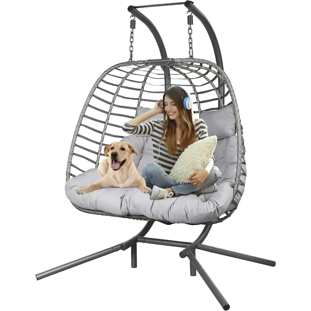 

Double Hanging Egg Chair wth Stand, Patio Hammock Swing Chair with Cushion Loveseat for Bedroom, Balcony, Garden, Indoor