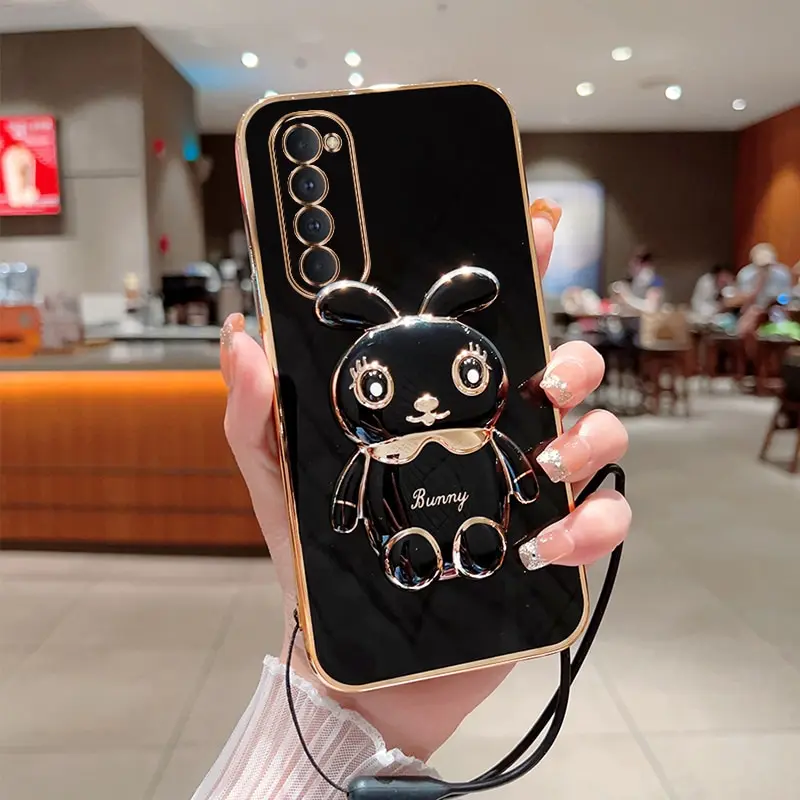 Phone Case For Oppo Reno 4 Pro 4G Luxury Plating Square Rabbit Holder With Landyard Case Cover