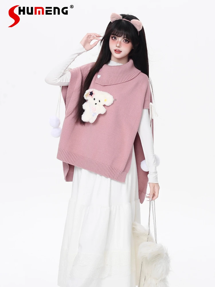 Weihnachten Süße Cool Girl Plüsch Hund Gestrickte Pullover Capes Lose Beiläufige Vielseitige High Neck Gestrickte Pullover Schal Winter Frauen