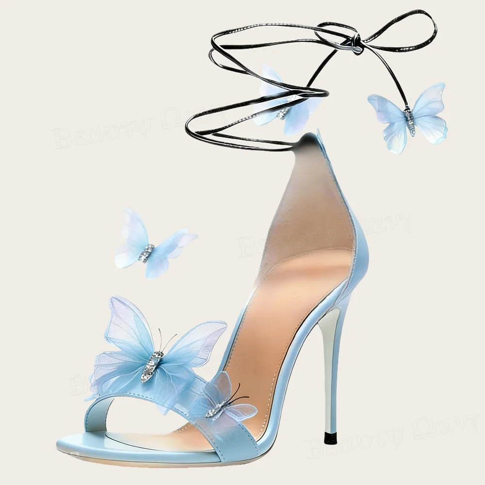 Blue Black Bow Butterfly Decor Sandals Thin Heels Open Toe High Heel Shoes for Women High Heel Fashion 2023 New Zapatillas Mujer
