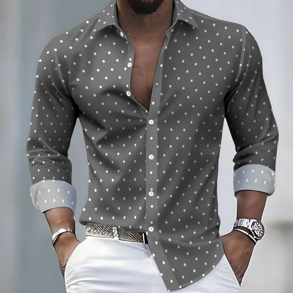 21-color men's polka dot print long-sleeved collared shirt for spring and autumn. Comfortable, casual, suitable for vacations an