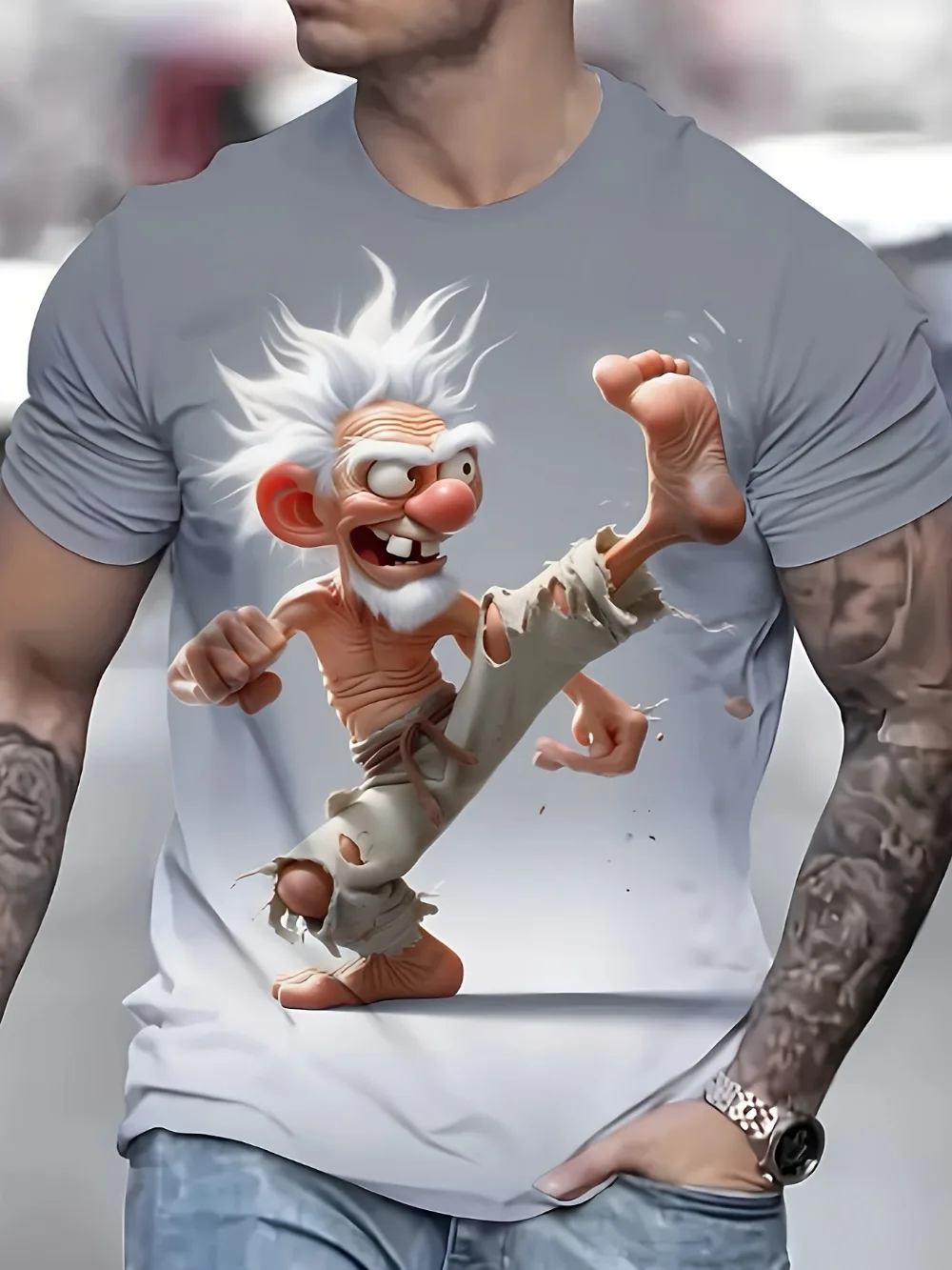 Funny White-haired Martial Arts Old Man 3D Print Breath Quickdry Men T-shirt Outdoor Fashion Casual Street Parent-Child Clothing