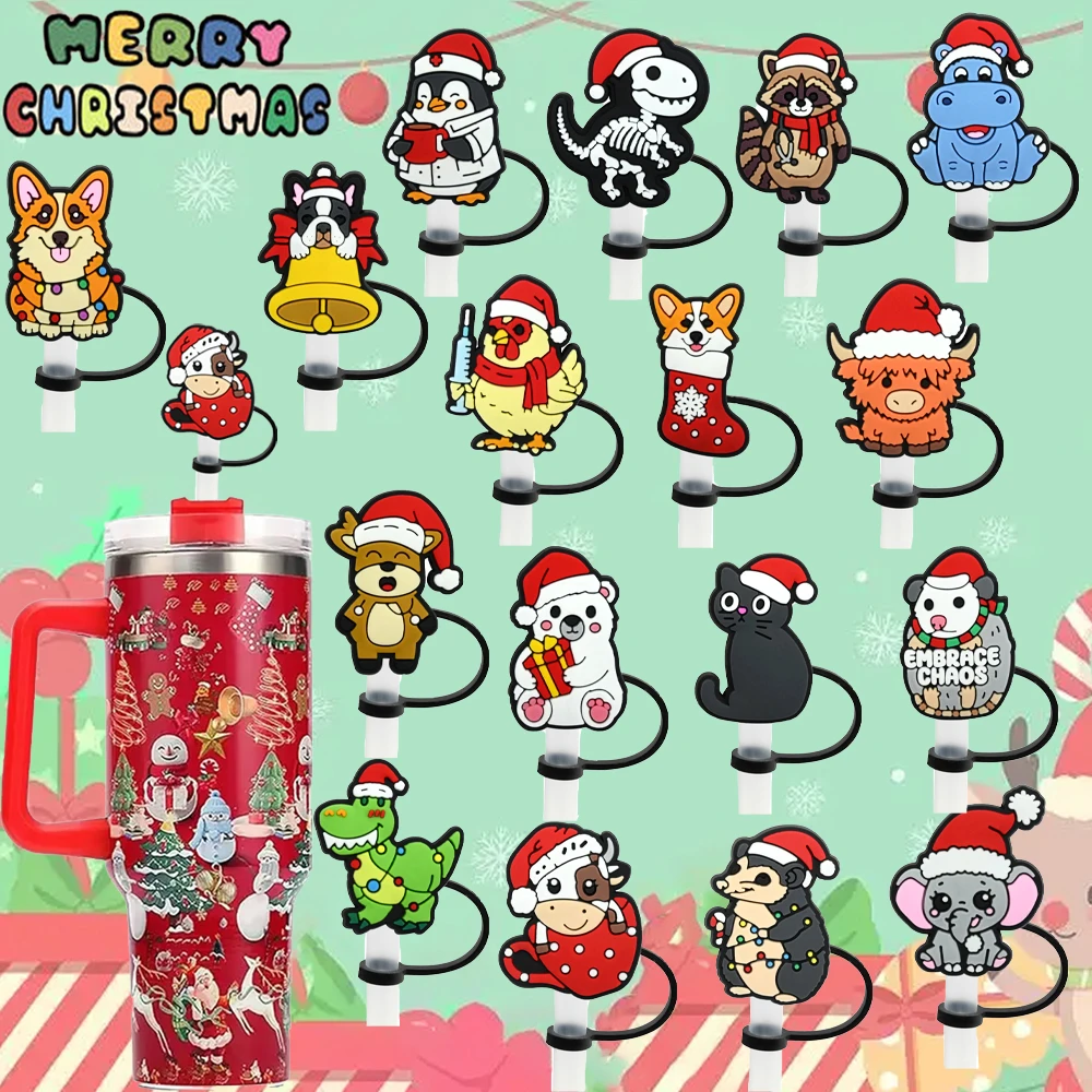 1-17pcs New Christmas Animal Cartoon Straw Covers For 10mm Dustproof Straw Topper Drinkware Plug Reusable DIY Xmas Party Decor