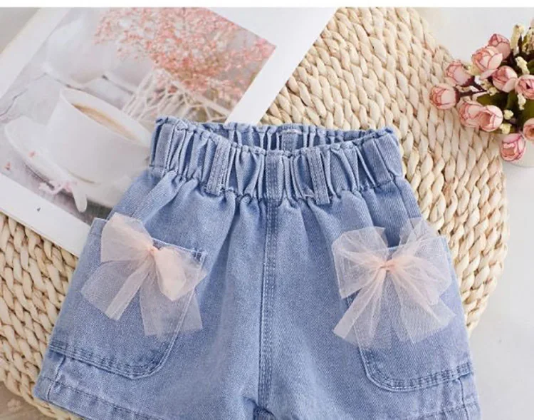 Kids Pants Girl Cowboy Shorts New Baby Korean Summer Bow Design Casual Simple Fashion 2024 Elastic Waist Cool Sweet