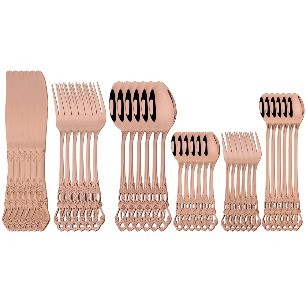 36Pcs Knife Fork Teaspoon Tableware Rose Dinnerware Set Stainless Steel Cutlery Cake Fork Long Spoon Silverware Kitchen Flatware