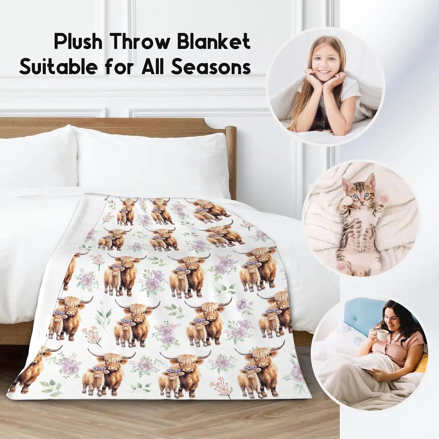 Highland Cow Blanket for Boys, Cozy Soft Throw Gifts, Cute White Flannel Throw Blankets for Couch Office, 50x60 Inches