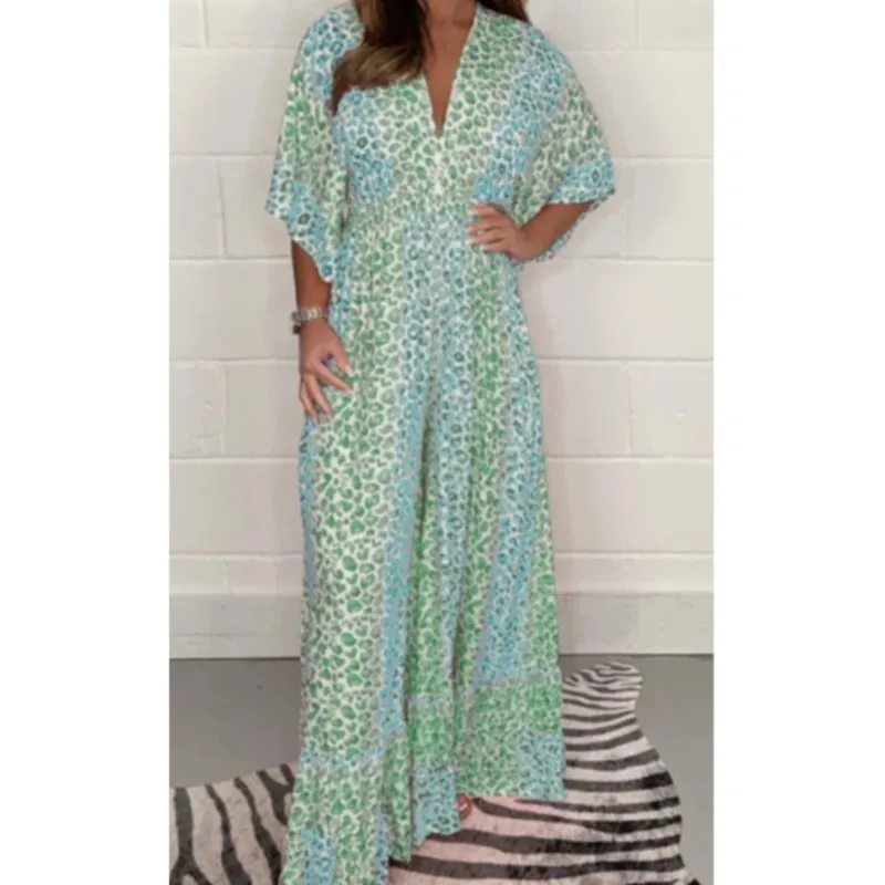 夏のヒョウプリント女性ジャンプスーツ V ネック半袖ワイドレッグパンツスーツ女性のファッションカジュアルルーズセット服女性の衣装