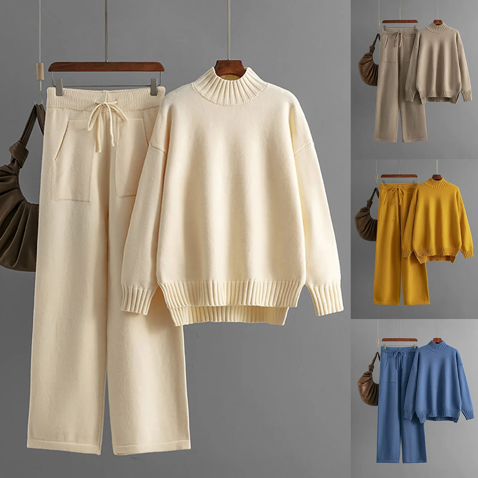 

Women's Elegant Gentle Sweater and Knitted Wide Leg Pants Two Piece Knitted Sets Autumn And Winter Loose Women Fashion Suits