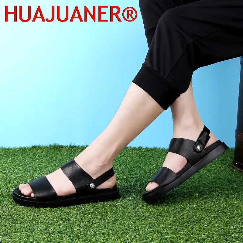 Zapatos informales de verano para hombre, zapatillas negras de marca, sandalias de playa a la moda, zapatillas transpirables de cuero genuino, zapatillas de alta calidad para hombre