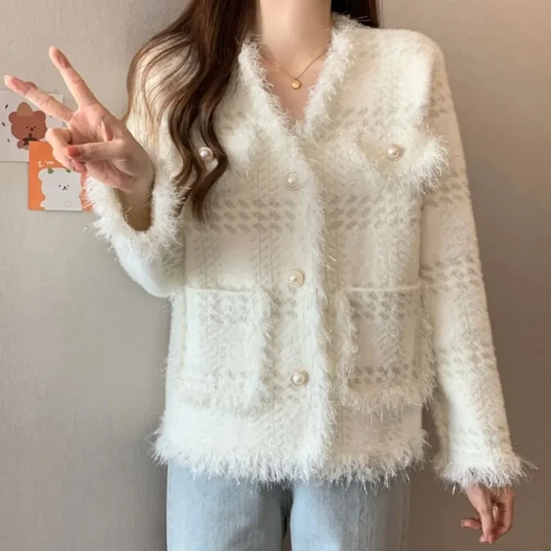 

Мягкий элегантный кардиган с бахромой, новинка 205, осень-зима, осень-зима, свободный крой, изысканный французский топ на пуговицах с v-образным вырезом