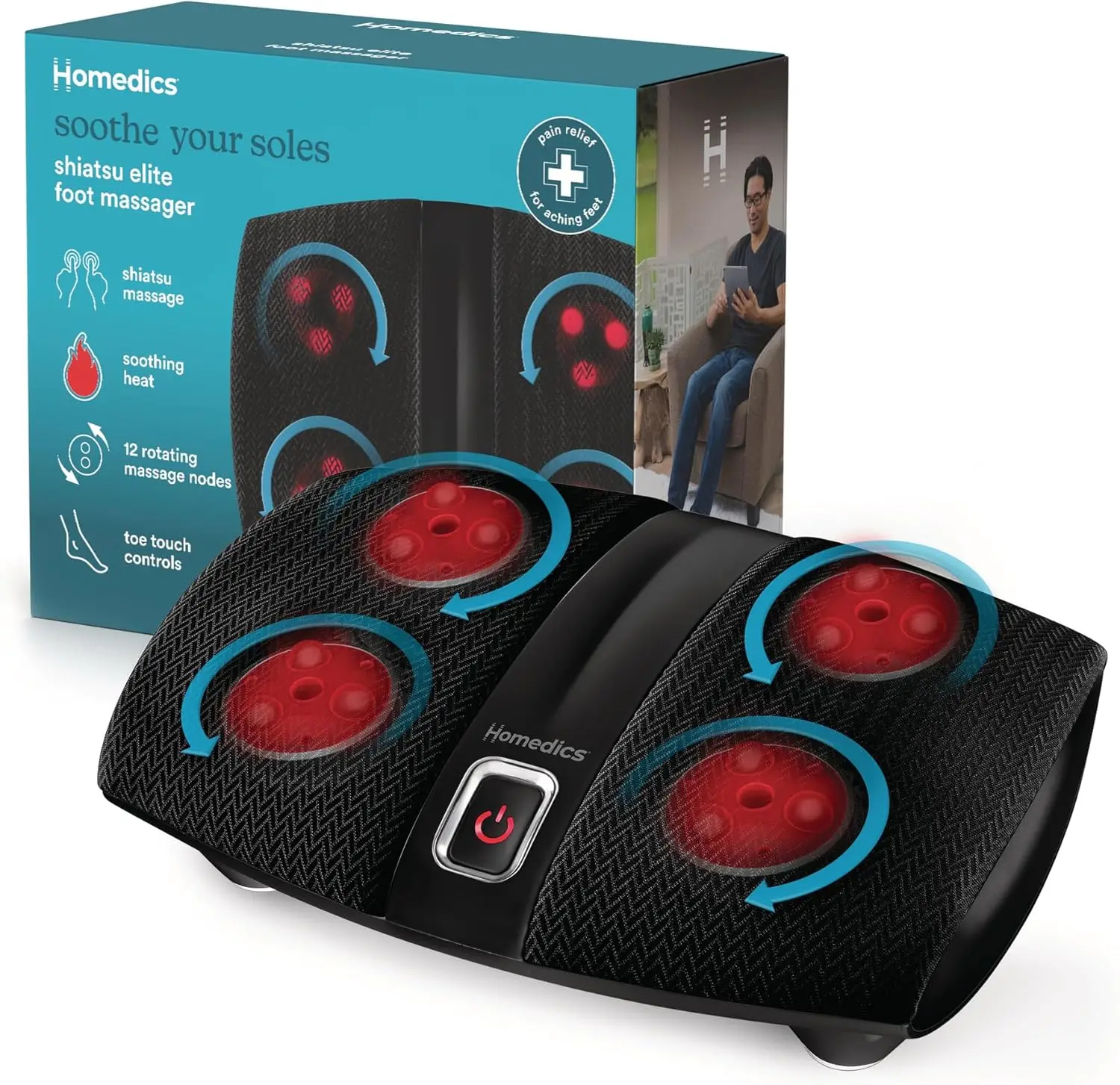 

Shiatsu Foot Massager with Heat, Therapeutic Kneading & Rolling, 4 Rotational Heads, Toe-Touch Control