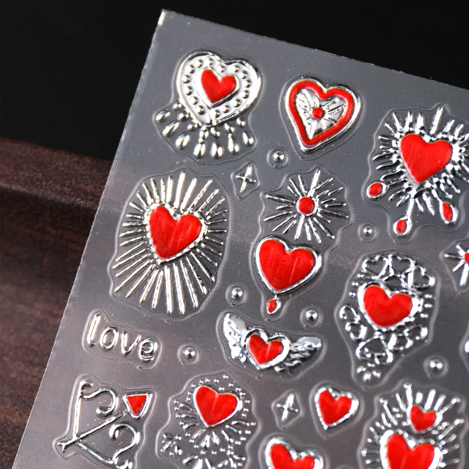 2pcs 3D Heart Sun Star Nail Art Stickers Decals Gold Silver Red Romantic Valentine Adhesive Slider Charms 5D Nail Art Decoration