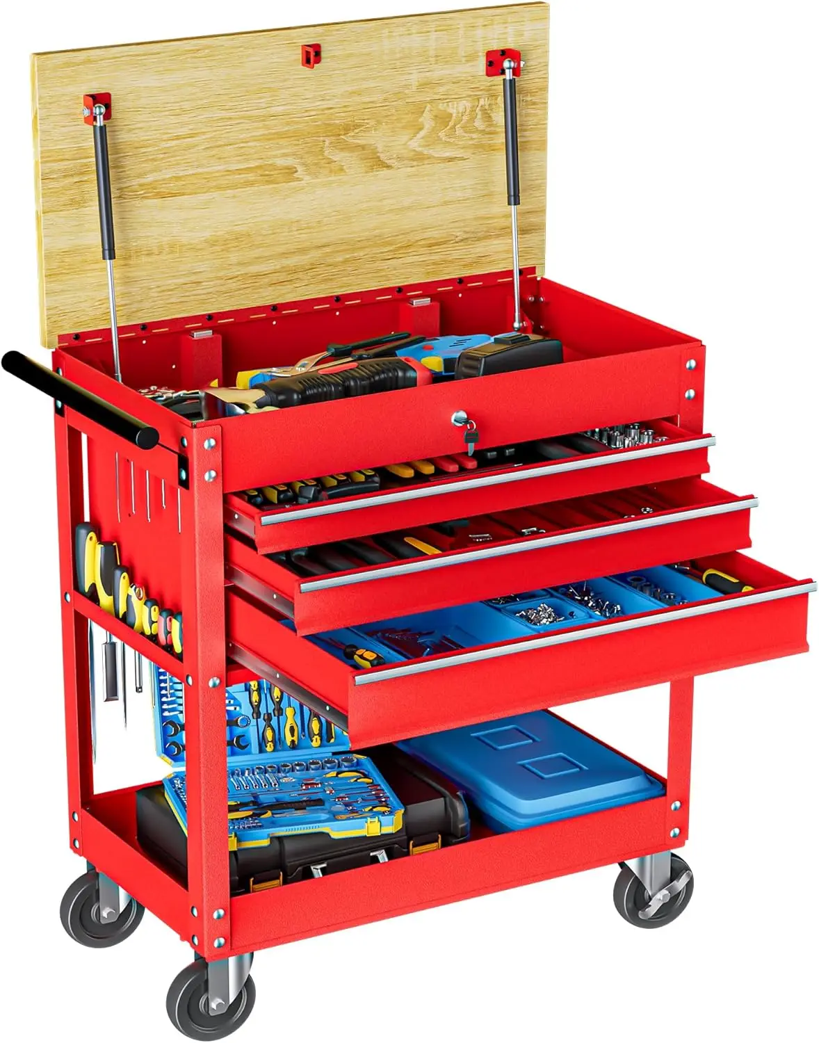 Rolling Tool Cart, 3-Drawer Heavy Duty Utility Service Cart with Wheels and Locked System, Workbench, Tool Chest Cabinet for