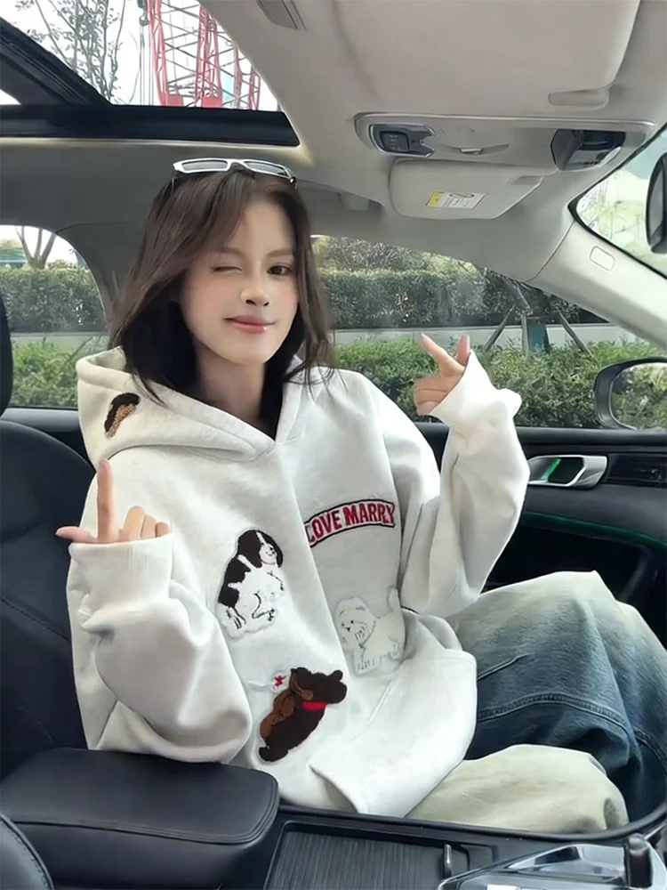 

Толстовка-худи оверсайз с вышивкой из махровой ткани для мужчин и женщин, зимняя повседневная свободная верхняя одежда