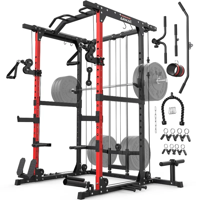 Power Rack, Multi-Functional Power Cage, Squat Rack with Pulley System & LAT Pull Down, Workout Cage with J Hooks for