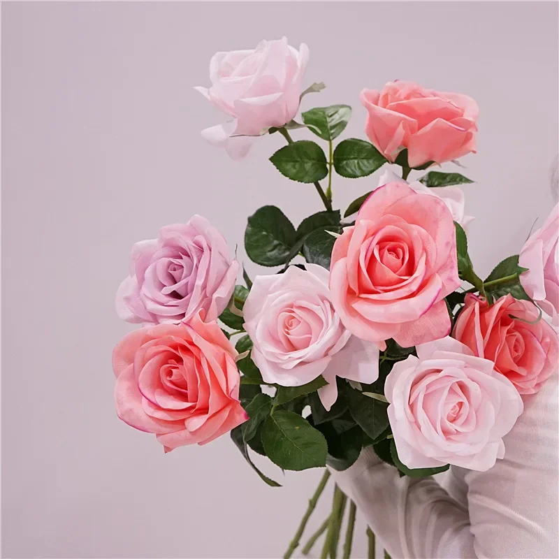 5Pcs Hand Feel Moisturizing Latex Rose Flowers Artificial Real Touch Roses Bridal Bouquet Wedding Decor Home Party Table Floral