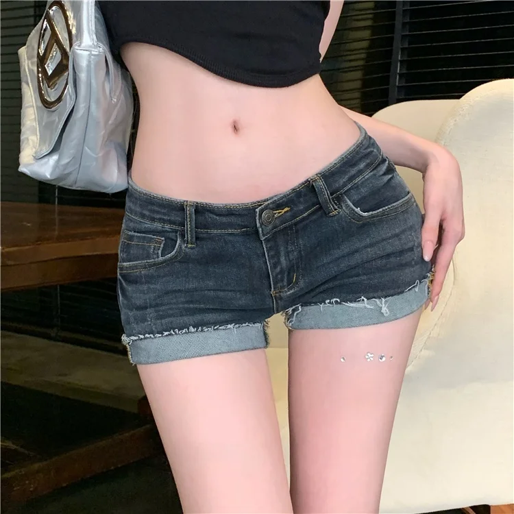 Sexy American Style Short Jeans Low Waist Super Long Leg Effect Tight Fit Butt Covering Hot Pants Blue Straight Leg Pants