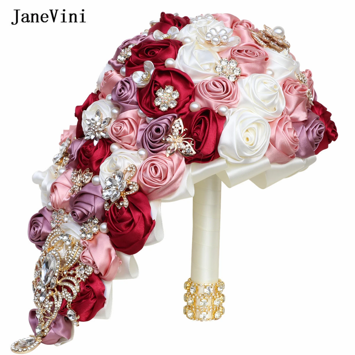 JaneVini Luxury Crystal Waterfall Bridal Bouquets Artificial Ivory Satin Roses Flowers Cascading Bouquet Accessories for Bride