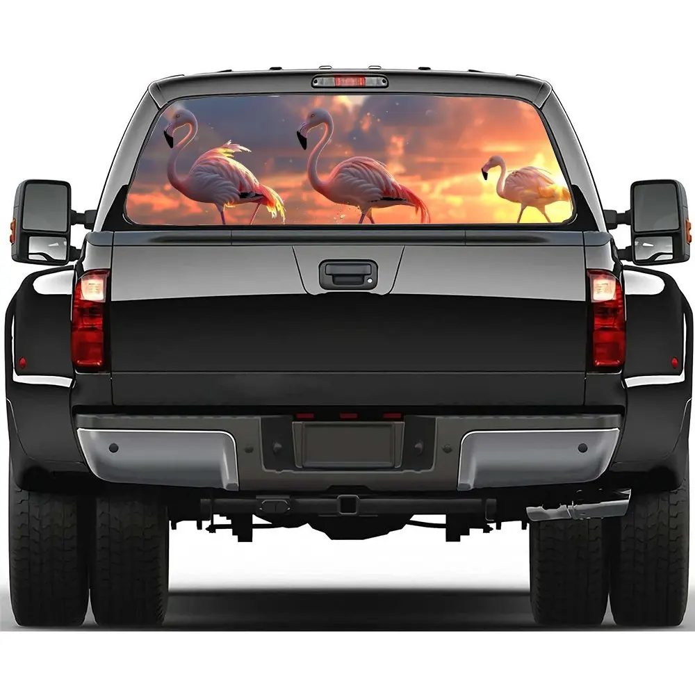 Orange Sky Pink Flamingo Print Car Rear Windshield Sticker Truck Window See Through Perforated Back Window Vinyl Decal Decor