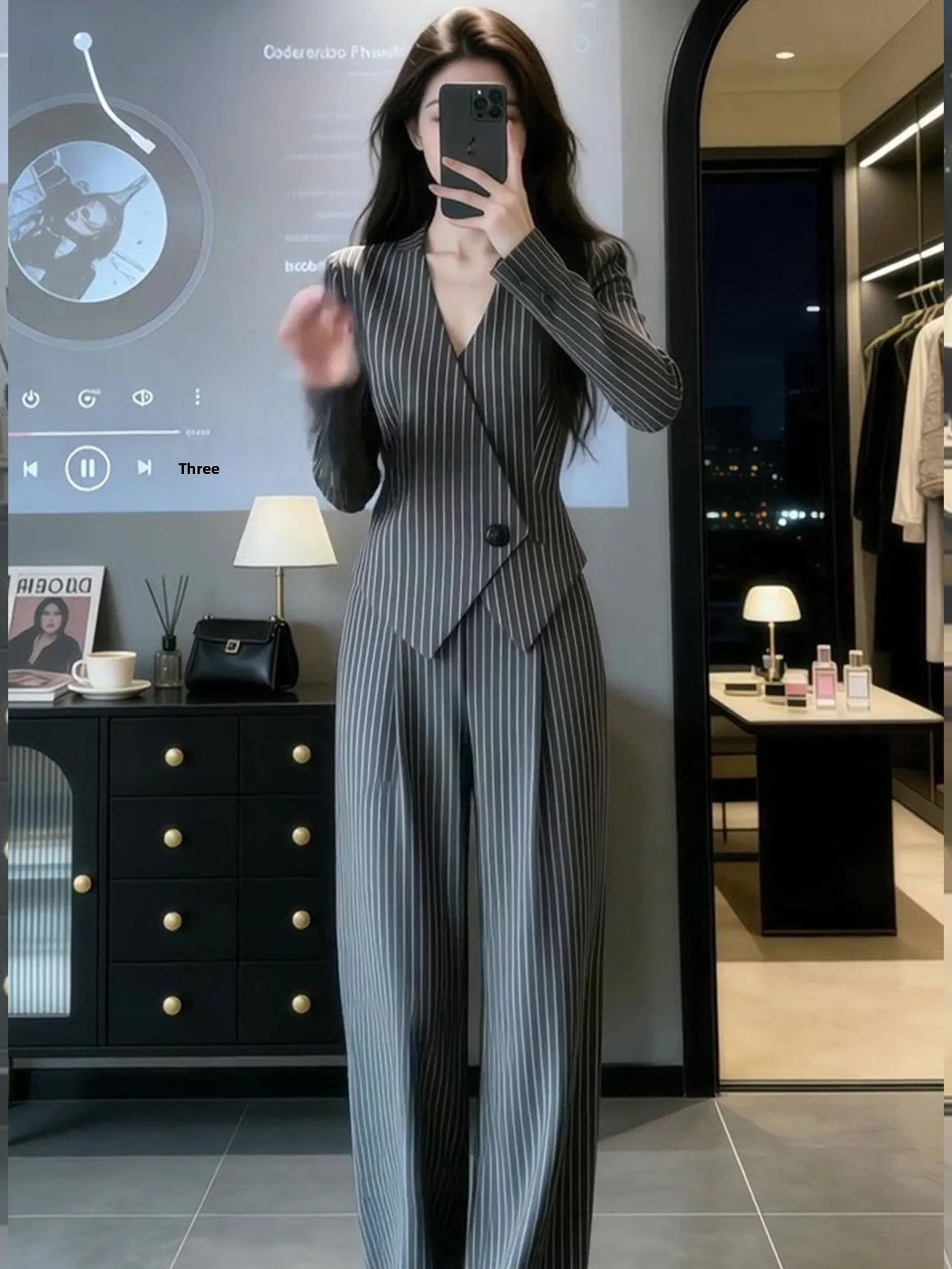 Elegant V-neck Suit Set Women's Commute Style Striped Wide Leg Pants Two-piece Spring New Fashion Casual Wear Polyester Fiber