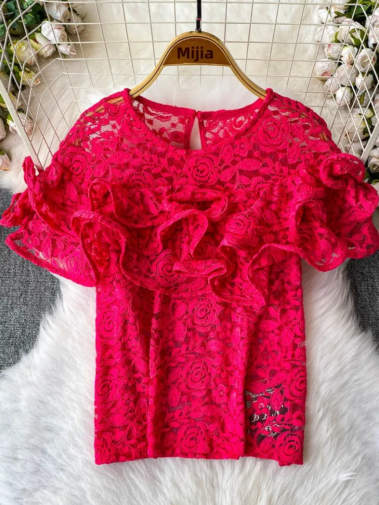 

Korean Sle round Ne ort Sve Lace irt Women's Loose Fit Slimming ort Length Top Summer Commute Faion Trend
