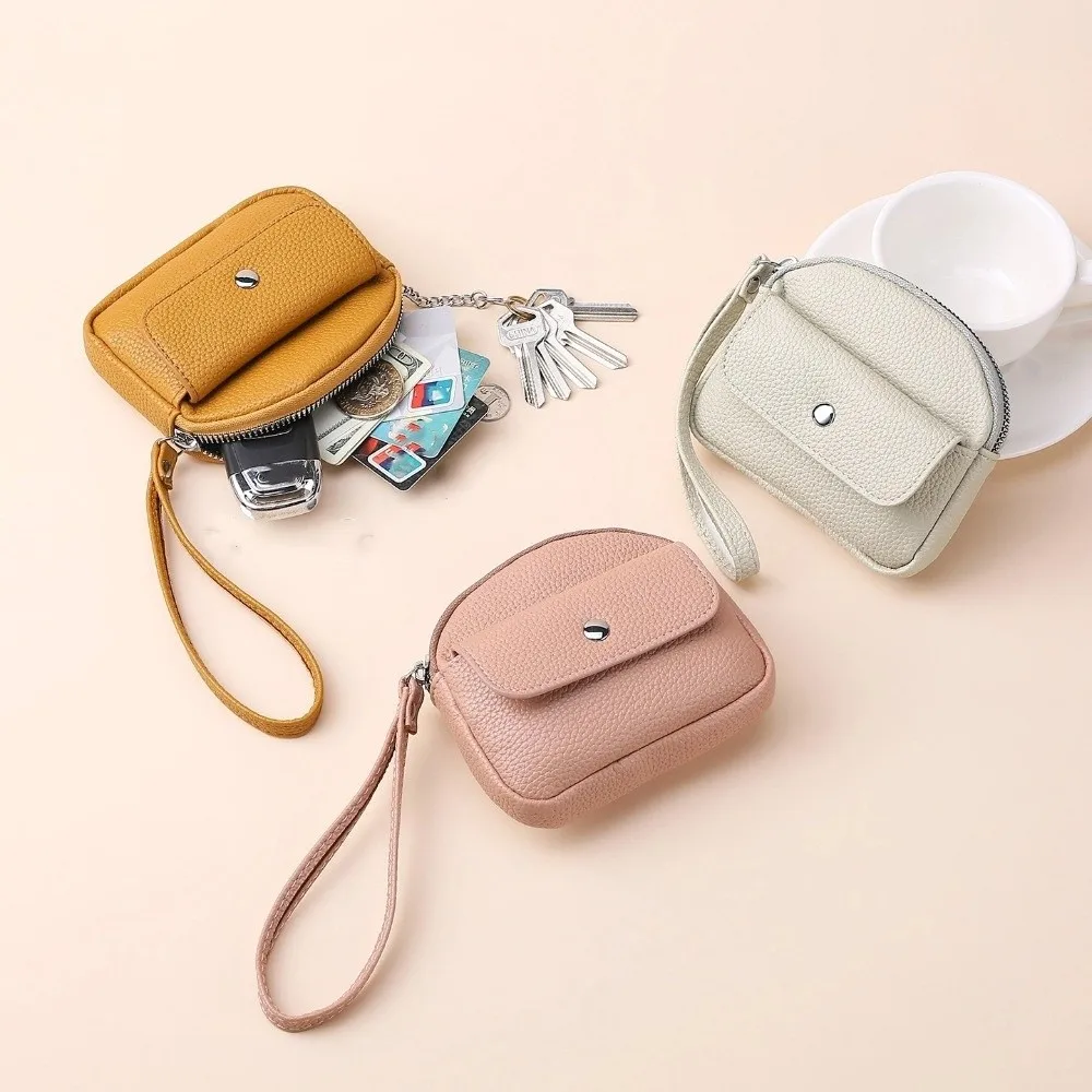 New PU Leather Coin Purse Solid Color Handheld Key Ring Wallet Zipper Closure Wrist Lanyard Credit Card Holder