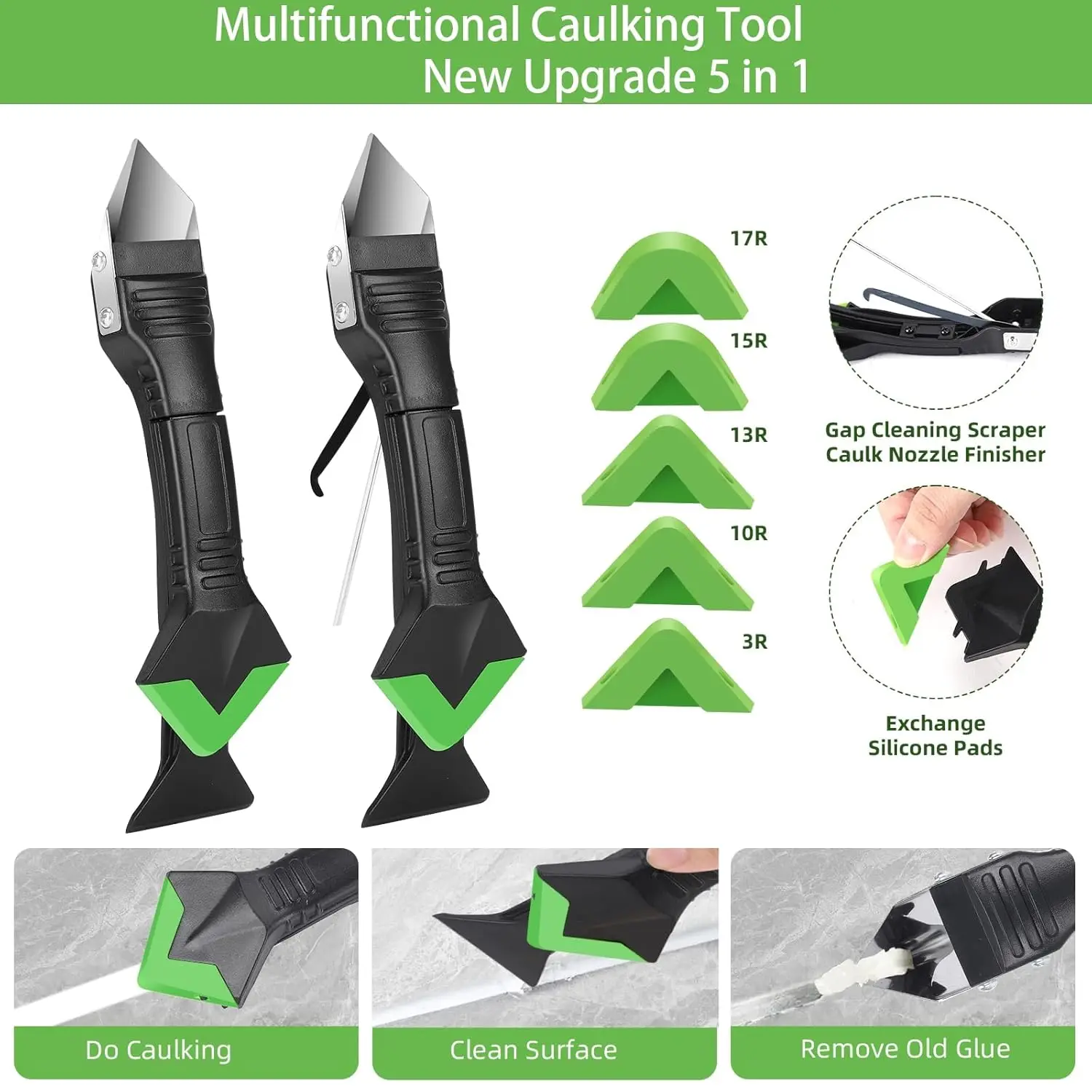 Silicone caulking tool, five-in-one tool set, including cement paste scraper and adhesive residue scraper