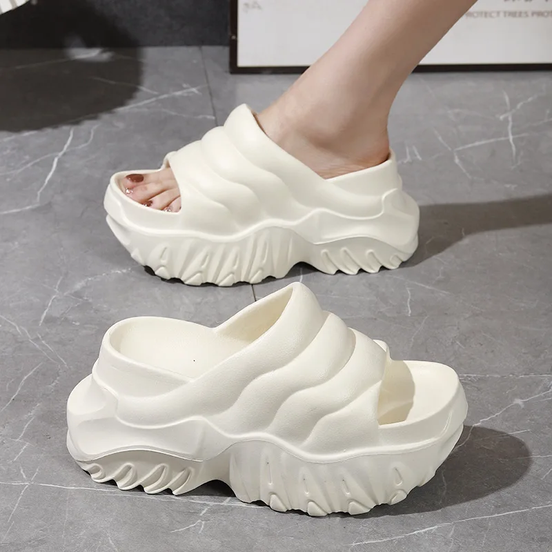 New 2026 Super high heels 9cm Chunky Slides Ladies Designer Wavy Stripe Slide Slippers Small girls Elevator Shoes