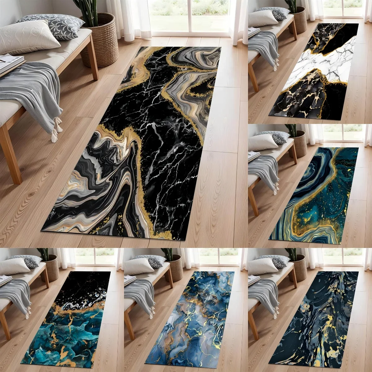 Gold Marble Pattern Runner Rug Non-Slip Washable Abstract Rug, Pet & Kid Friendly Entryway Runner for Hallway, Kitchen, Entrance