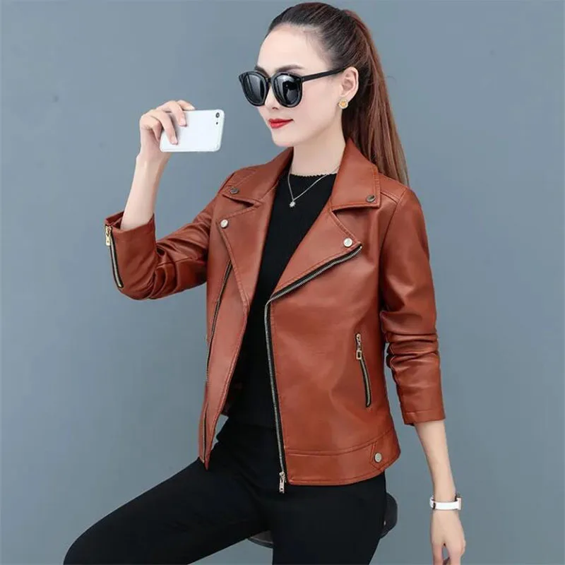 PU Leather Short Jacket Female Spring Autumn New Korean Fashion Casual Chic Pi Coat Women's Motorcycle Cycling Outerwear