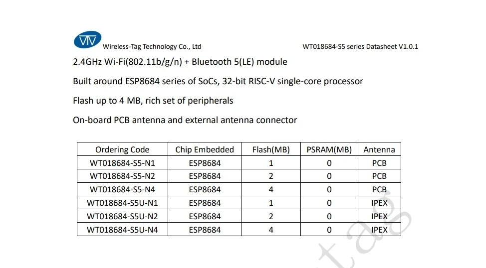 WT018684-S5 module, built-in ESP8684 chip, low power WiFi Bluetooth module