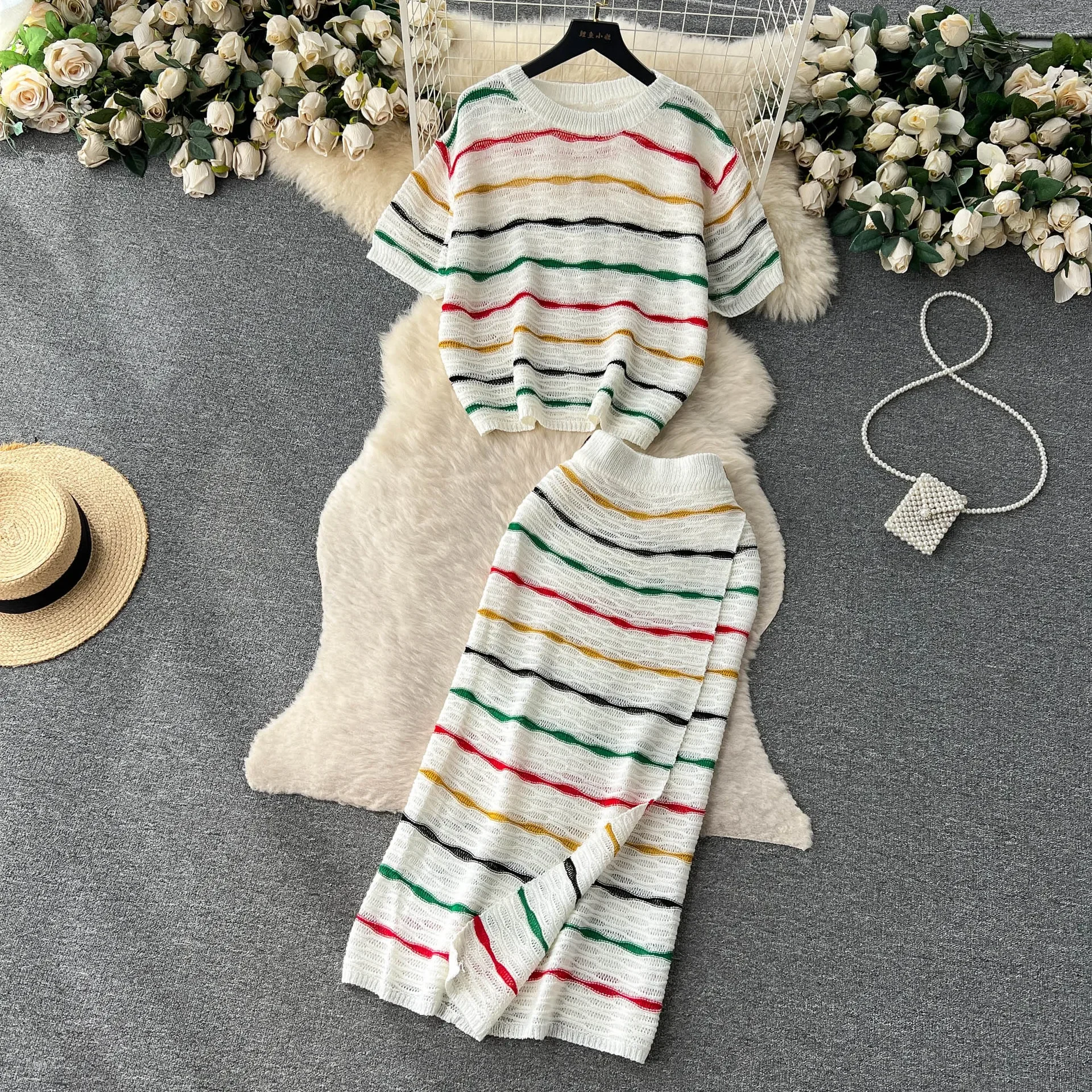 

Dress Stets Women Short Sleeve Striped O Neck Tops Knitting Two Pieces Set Slim Sexy High Waist Ankle Length Y2k Streetwear