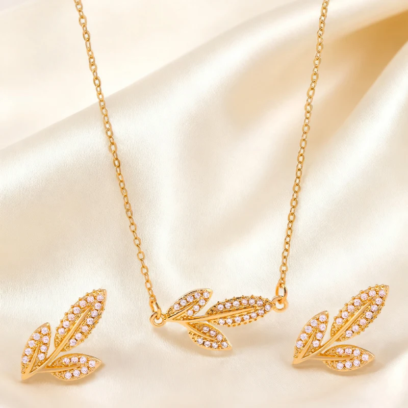 Golden Olive Branch Full Diamond Set, Light Luxury Leaf Diamond Necklace and Earrings Two-Piece Set, European and American Style Vintage Jewelry