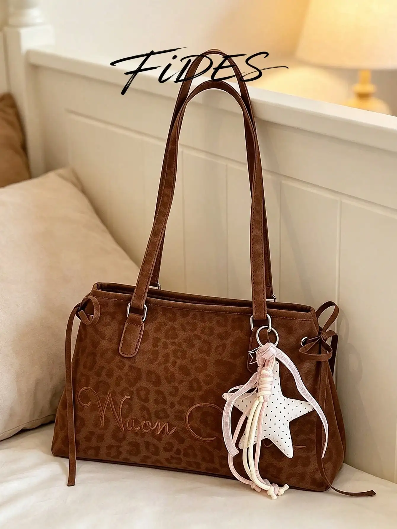 1PC New Women's Vintage Leopard Print Shoulder Underarm Bag, Exquisite Letter Embroidery With Star Pendant Accessory, Side Drawstring Design, Large Capacity Practical Bag Style, Versatile Women's Bag For Daily Commute sg260809161175899617451